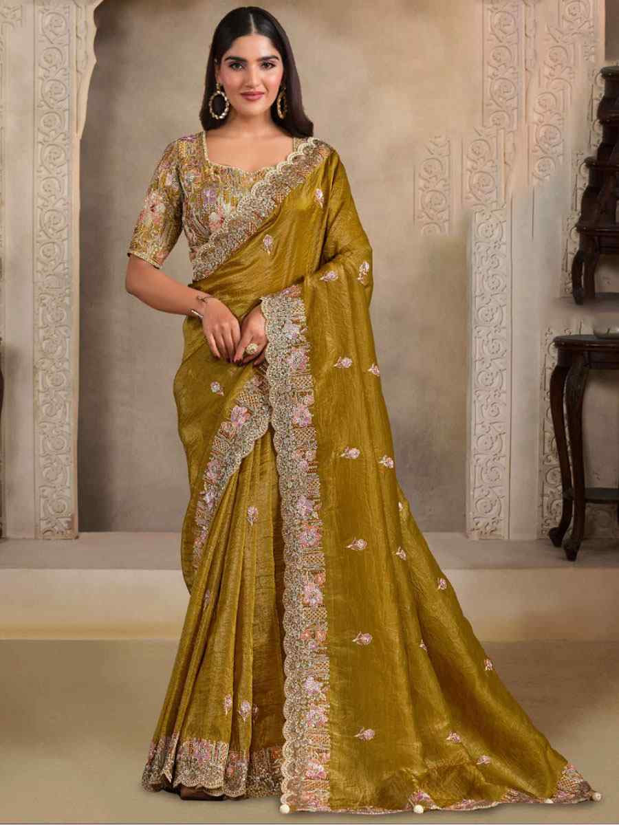 Yellow Crush Paper Silk Embroidery Festival Wedding Fancy Heavy Border Saree