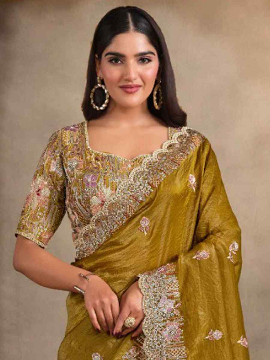 Yellow Crush Paper Silk Embroidery Festival Wedding Fancy Heavy Border Saree