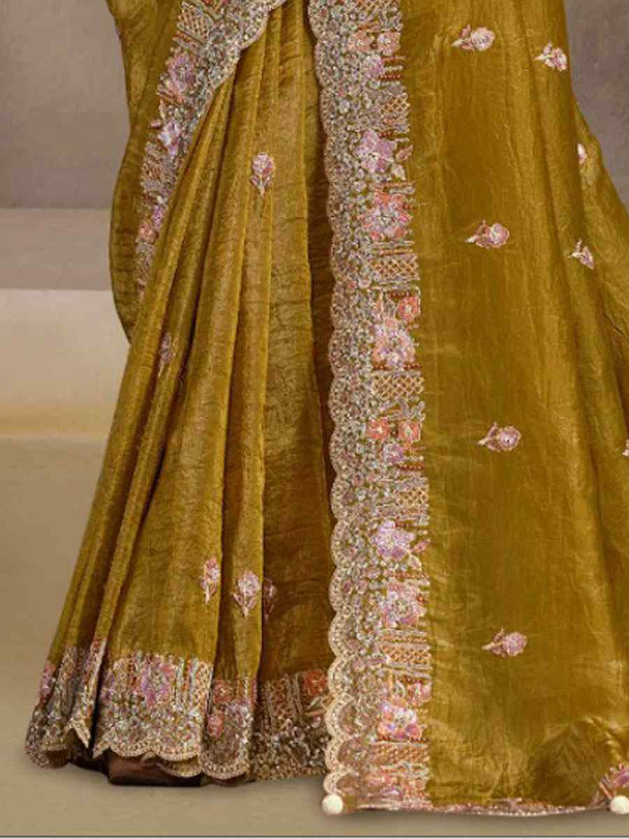 Yellow Crush Paper Silk Embroidery Festival Wedding Fancy Heavy Border Saree