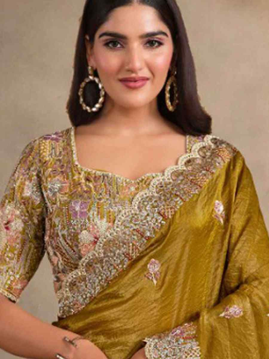 Yellow Crush Paper Silk Embroidery Festival Wedding Fancy Heavy Border Saree