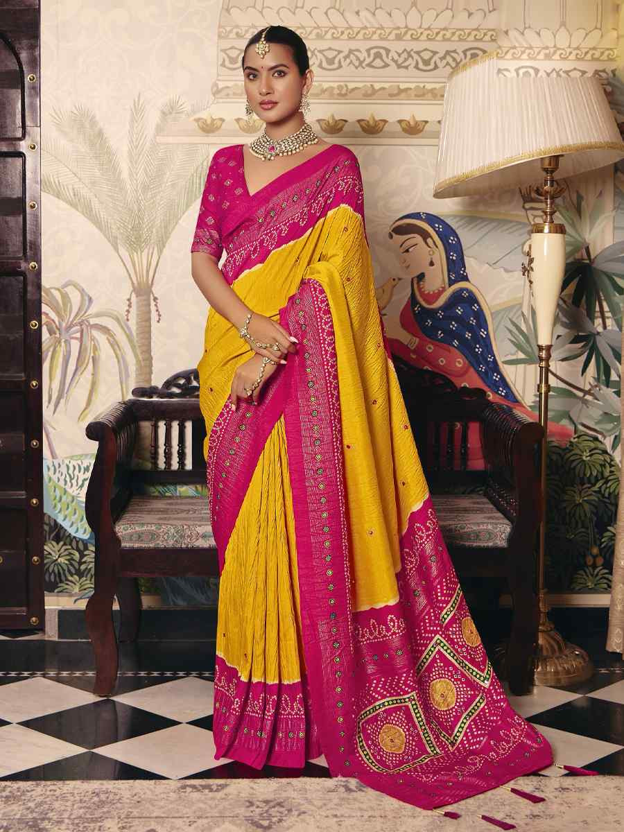 Yellow Crush Silk Prined Bridal Reception Festival Wedding Fancy Heavy Border Saree