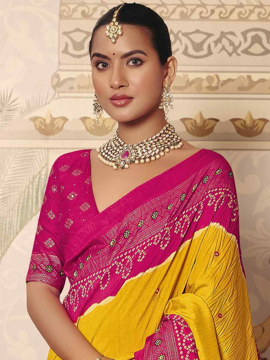 Yellow Crush Silk Prined Bridal Reception Festival Wedding Fancy Heavy Border Saree