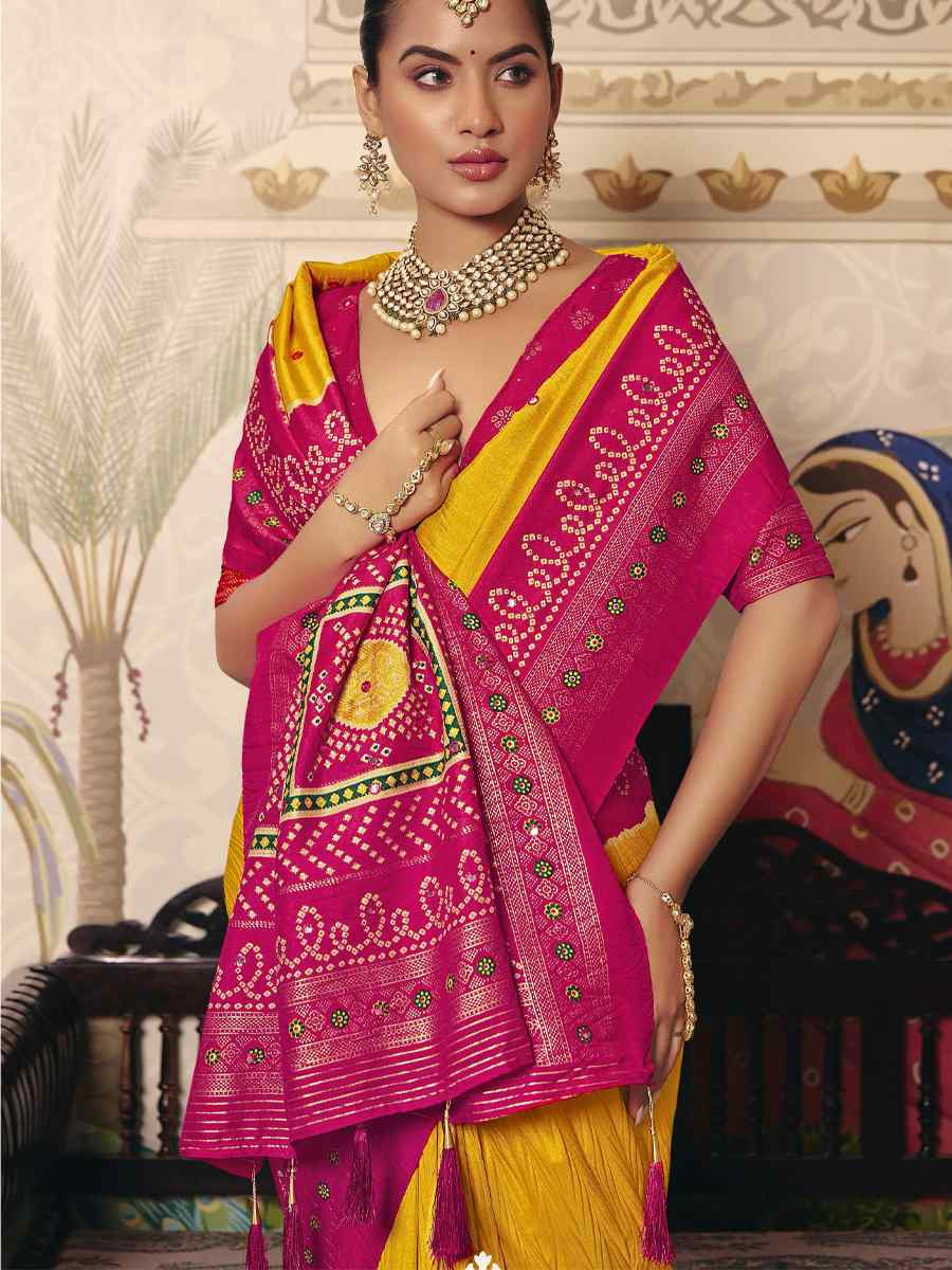 Yellow Crush Silk Prined Bridal Reception Festival Wedding Fancy Heavy Border Saree