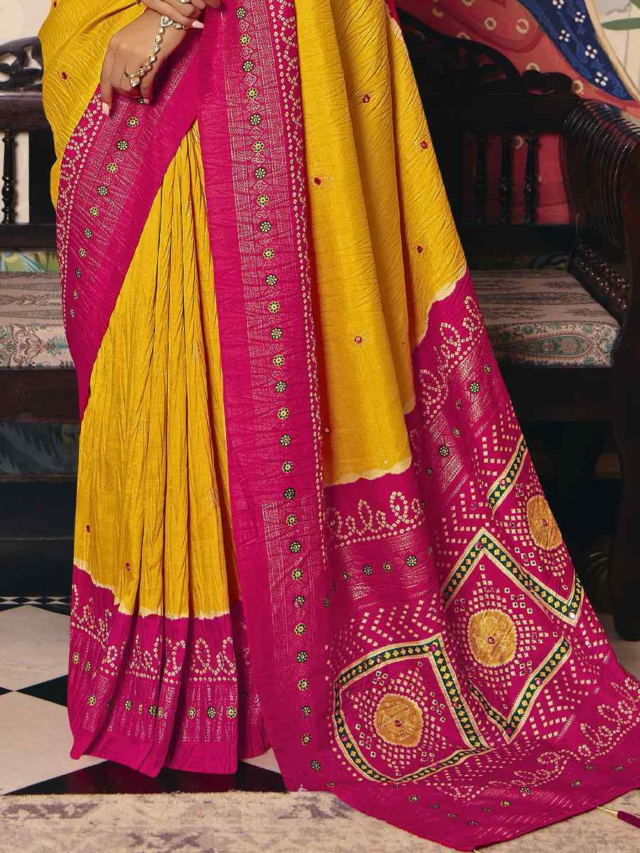 Yellow Crush Silk Prined Bridal Reception Festival Wedding Fancy Heavy Border Saree