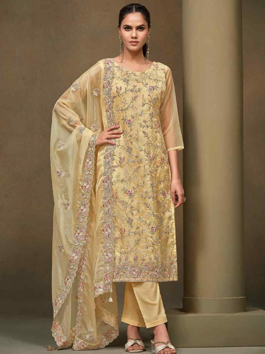 Yellow Crystal Organza Embroidered Casual Festival Pant Salwar Kameez