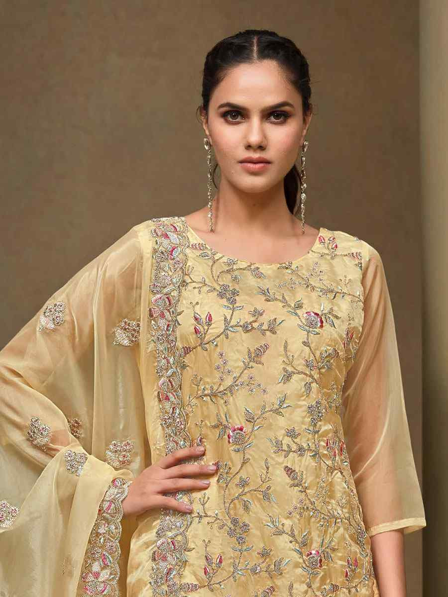 Yellow Crystal Organza Embroidered Casual Festival Pant Salwar Kameez