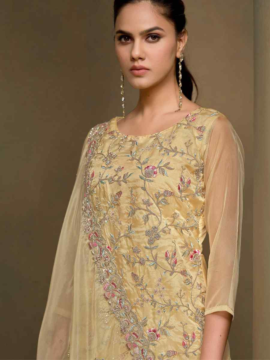 Yellow Crystal Organza Embroidered Casual Festival Pant Salwar Kameez