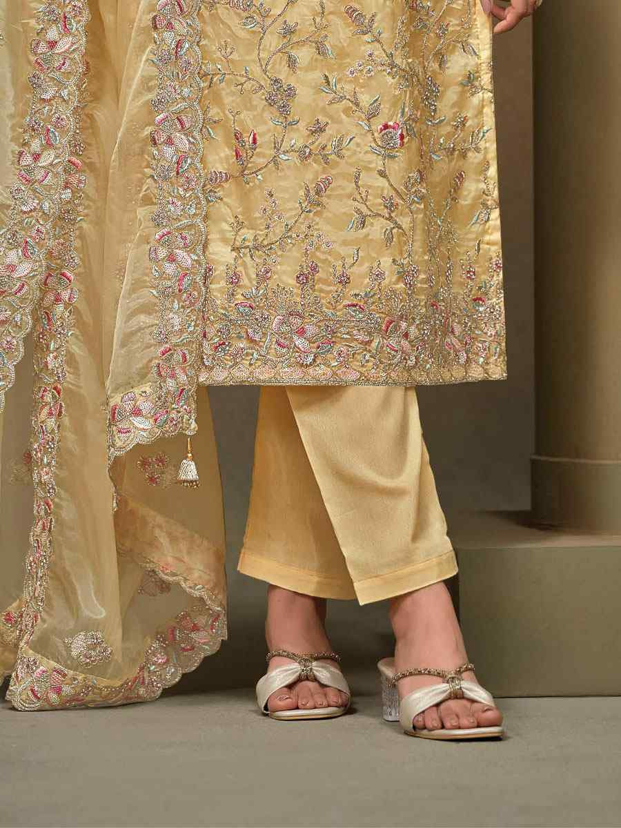 Yellow Crystal Organza Embroidered Casual Festival Pant Salwar Kameez