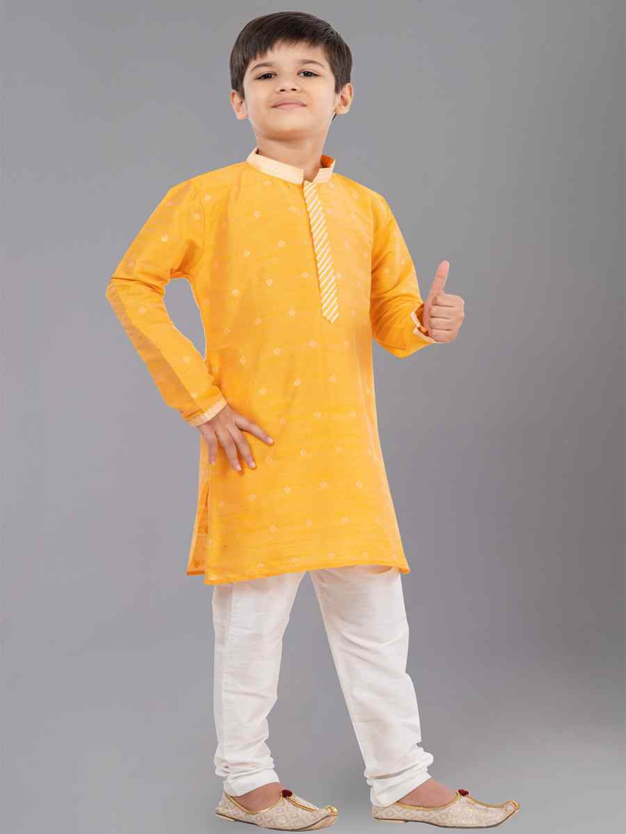 Yellow Dhupion Silk With Jacquard Embroidered Festival Traditional Kurta Pyjama Boys Wear