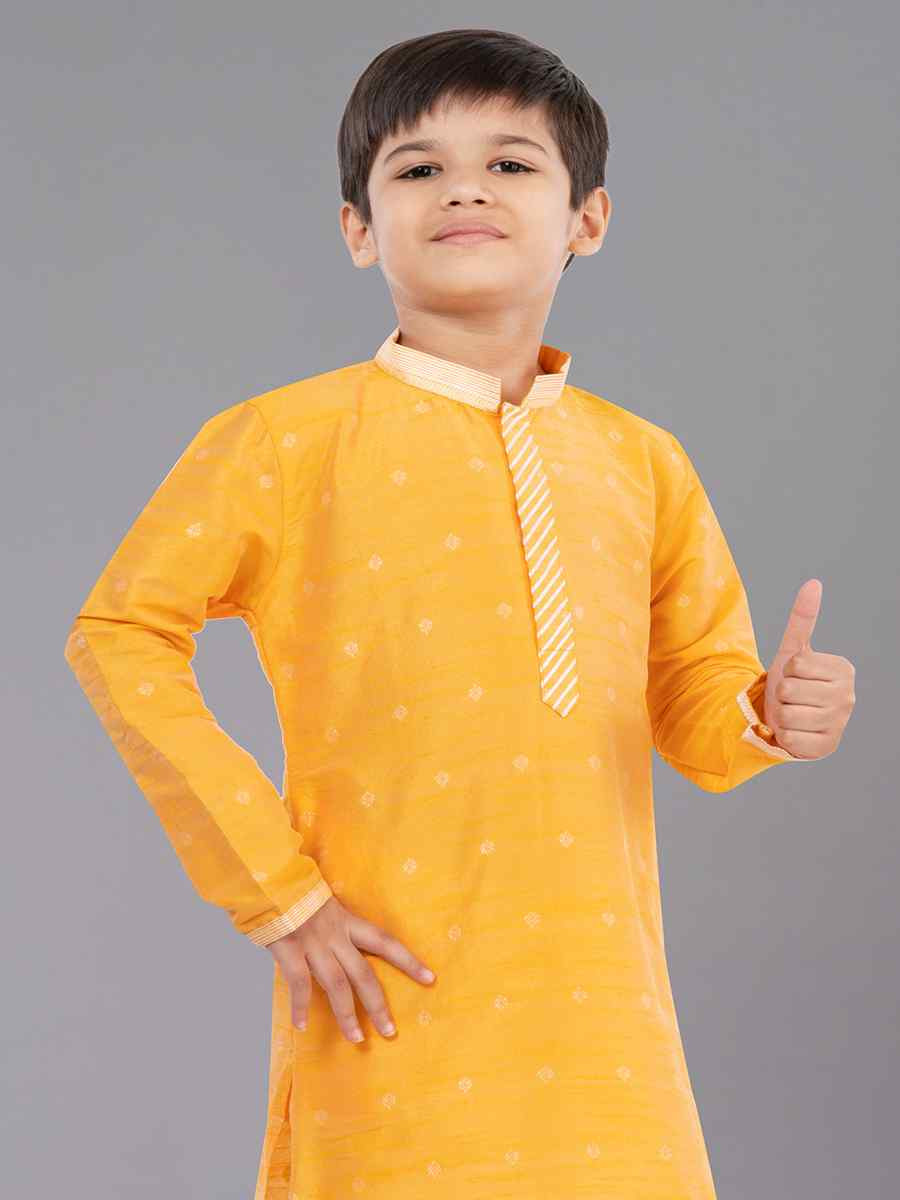 Yellow Dhupion Silk With Jacquard Embroidered Festival Traditional Kurta Pyjama Boys Wear