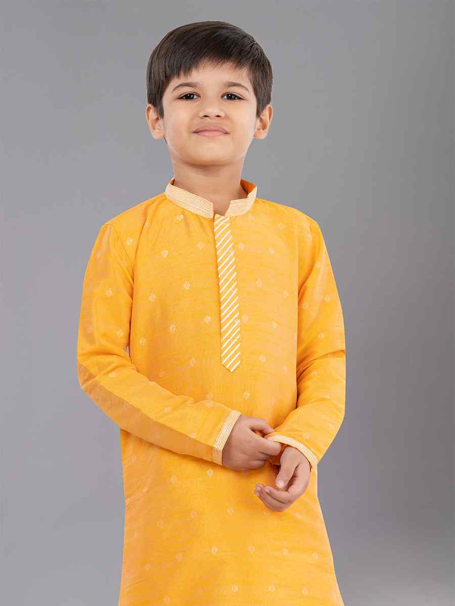 Yellow Dhupion Silk With Jacquard Embroidered Festival Traditional Kurta Pyjama Boys Wear