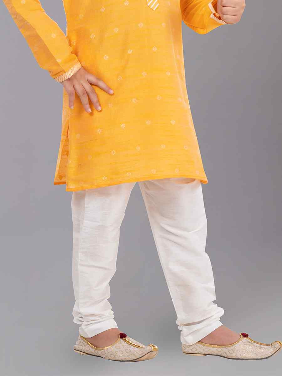 Yellow Dhupion Silk With Jacquard Embroidered Festival Traditional Kurta Pyjama Boys Wear
