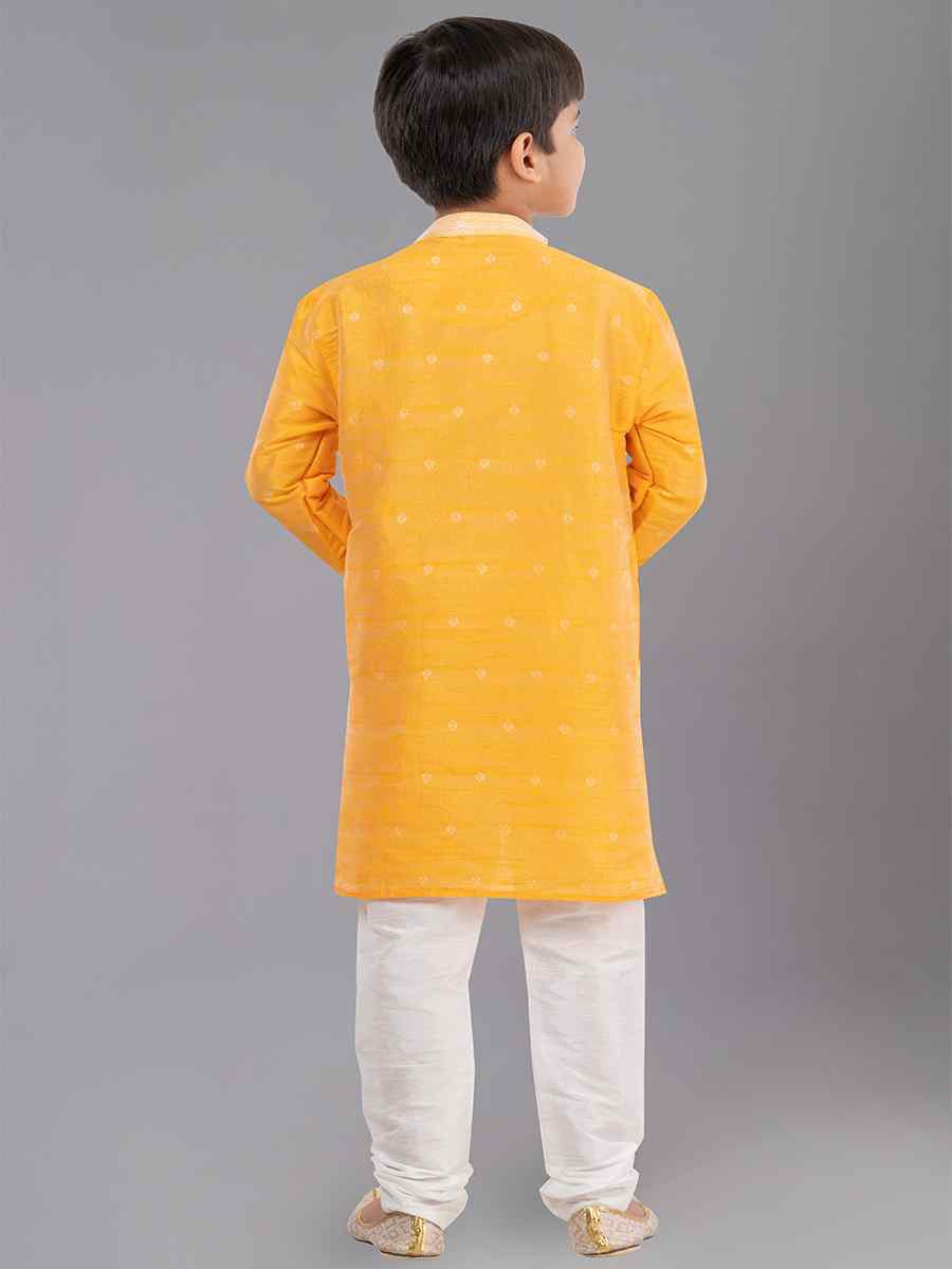 Yellow Dhupion Silk With Jacquard Embroidered Festival Traditional Kurta Pyjama Boys Wear