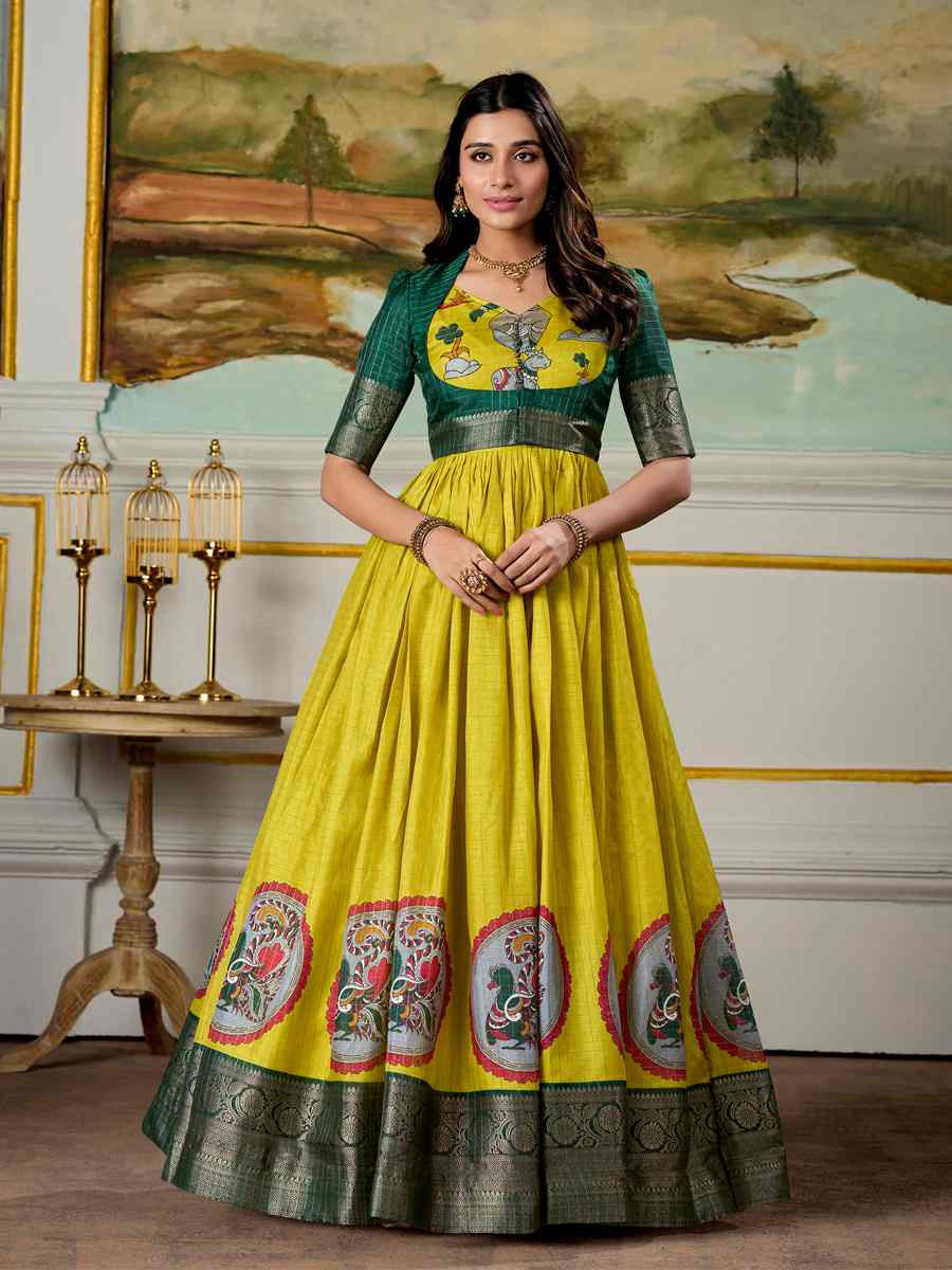 Yellow Dola Silk Embroidered Festival Party Gown