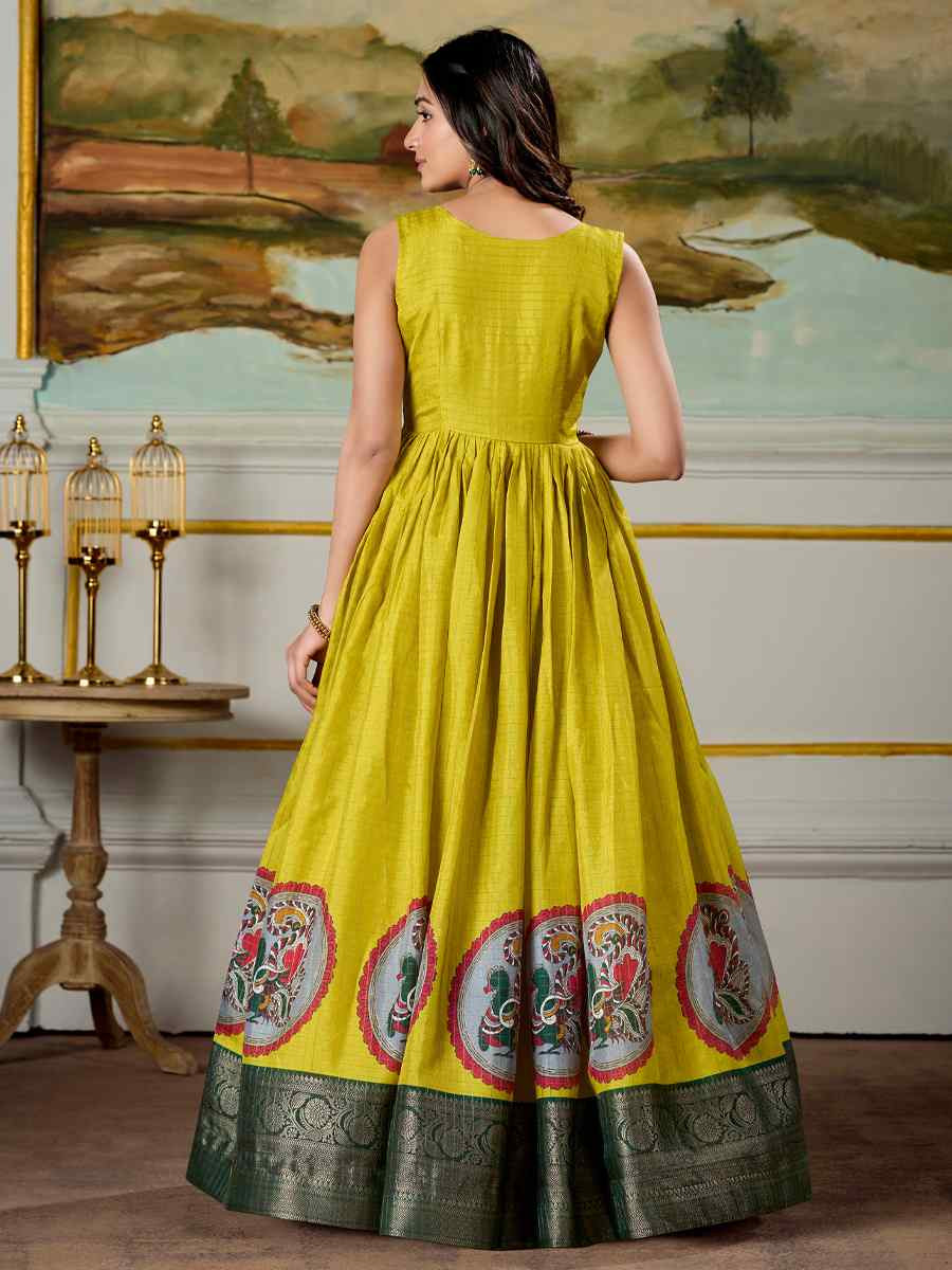 Yellow Dola Silk Embroidered Festival Party Gown