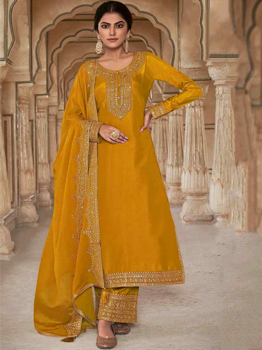 Yellow Dola Silk Embroidered Festival Wedding Pant Salwar Kameez