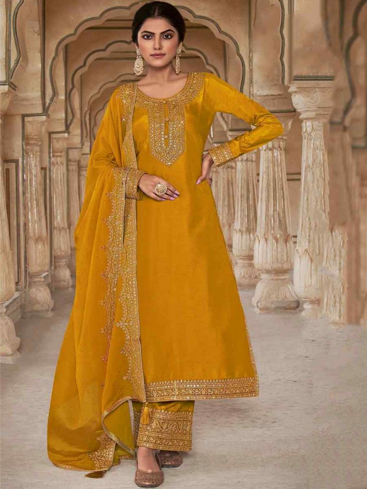 Yellow Dola Silk Embroidered Festival Wedding Pant Salwar Kameez
