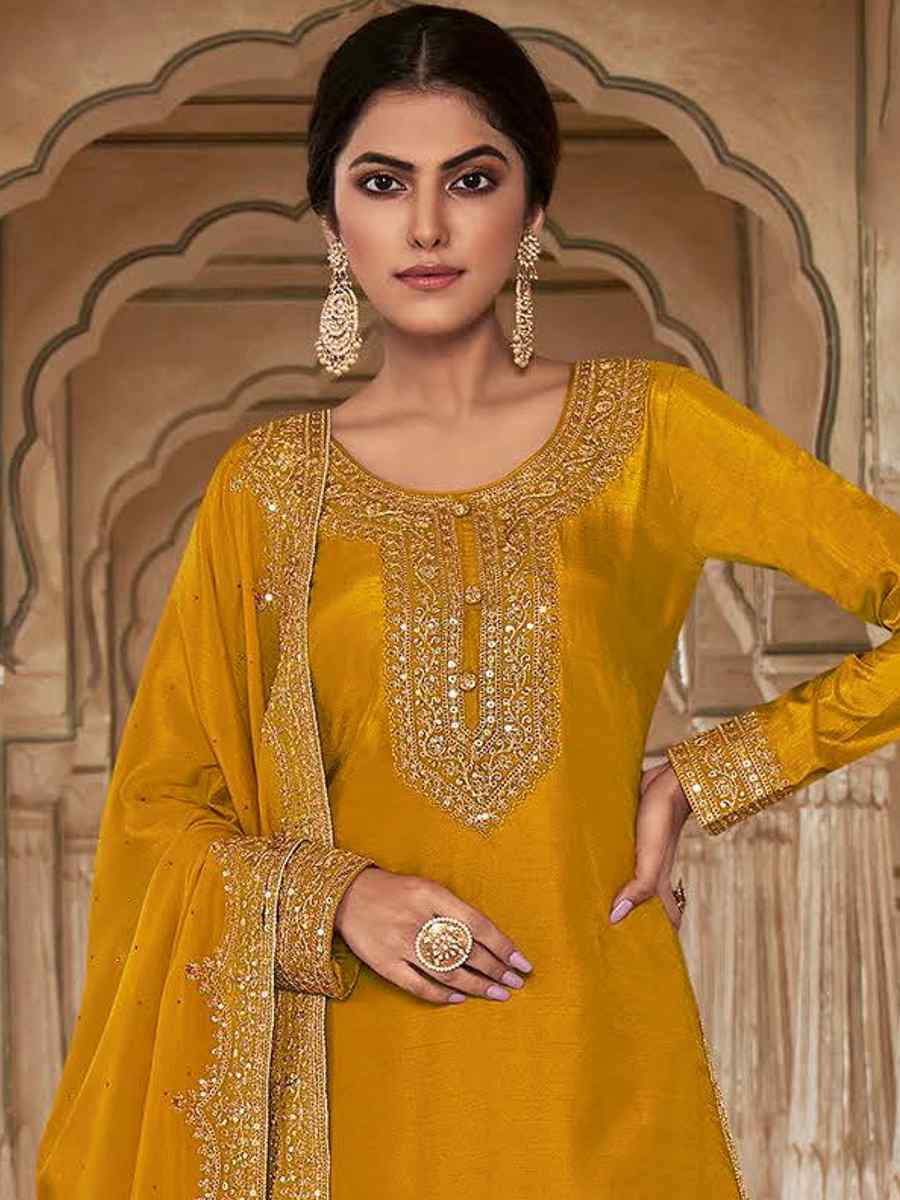 Yellow Dola Silk Embroidered Festival Wedding Pant Salwar Kameez