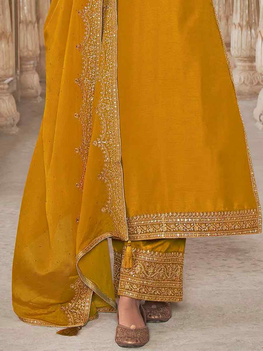 Yellow Dola Silk Embroidered Festival Wedding Pant Salwar Kameez