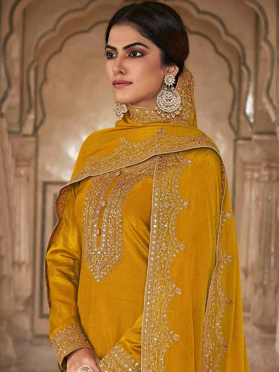 Yellow Dola Silk Embroidered Festival Wedding Pant Salwar Kameez