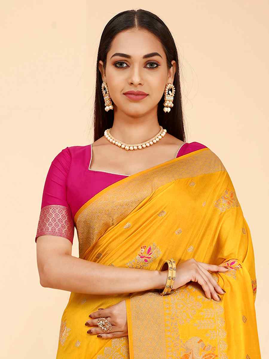 Yellow Dola Silk Handwoven Wedding Festival Heavy Border Saree