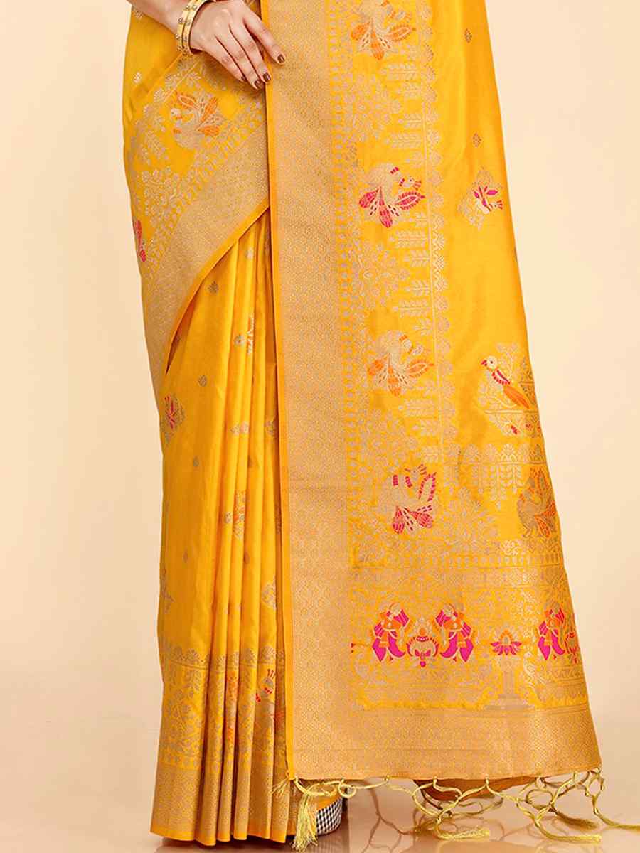 Yellow Dola Silk Handwoven Wedding Festival Heavy Border Saree