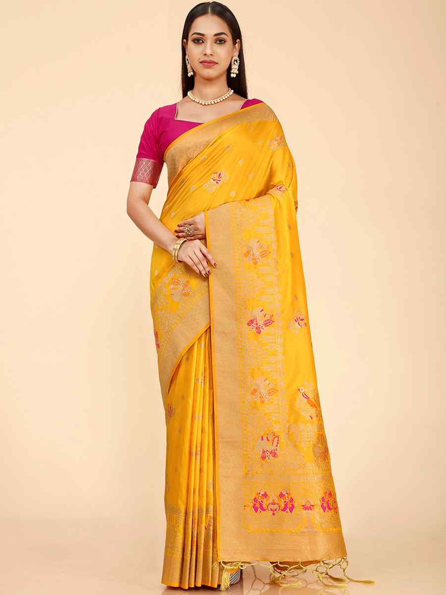 Yellow Dola Silk Handwoven Wedding Festival Heavy Border Saree