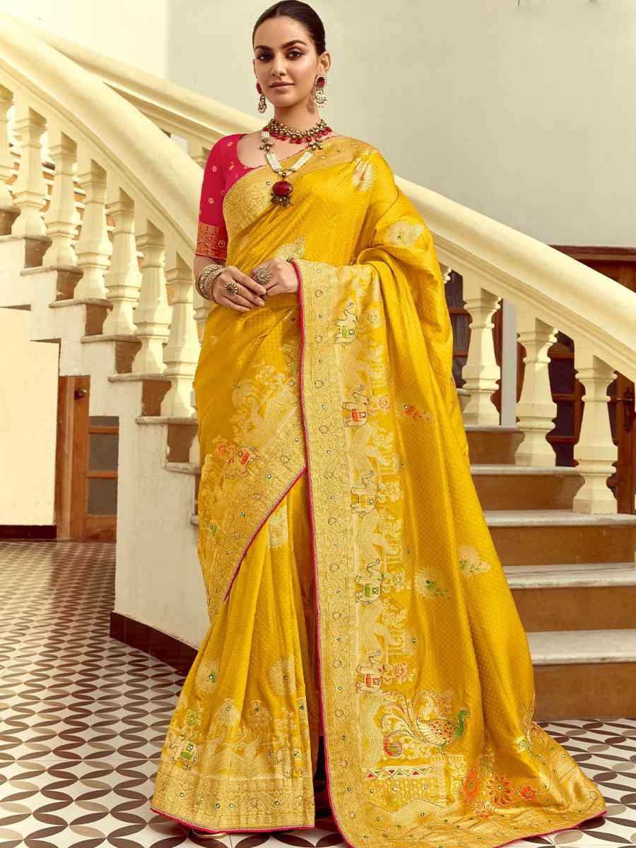 Yellow Dola Silk Handwoven With Handwork Festival Wedding Fancy Heavy Border Saree