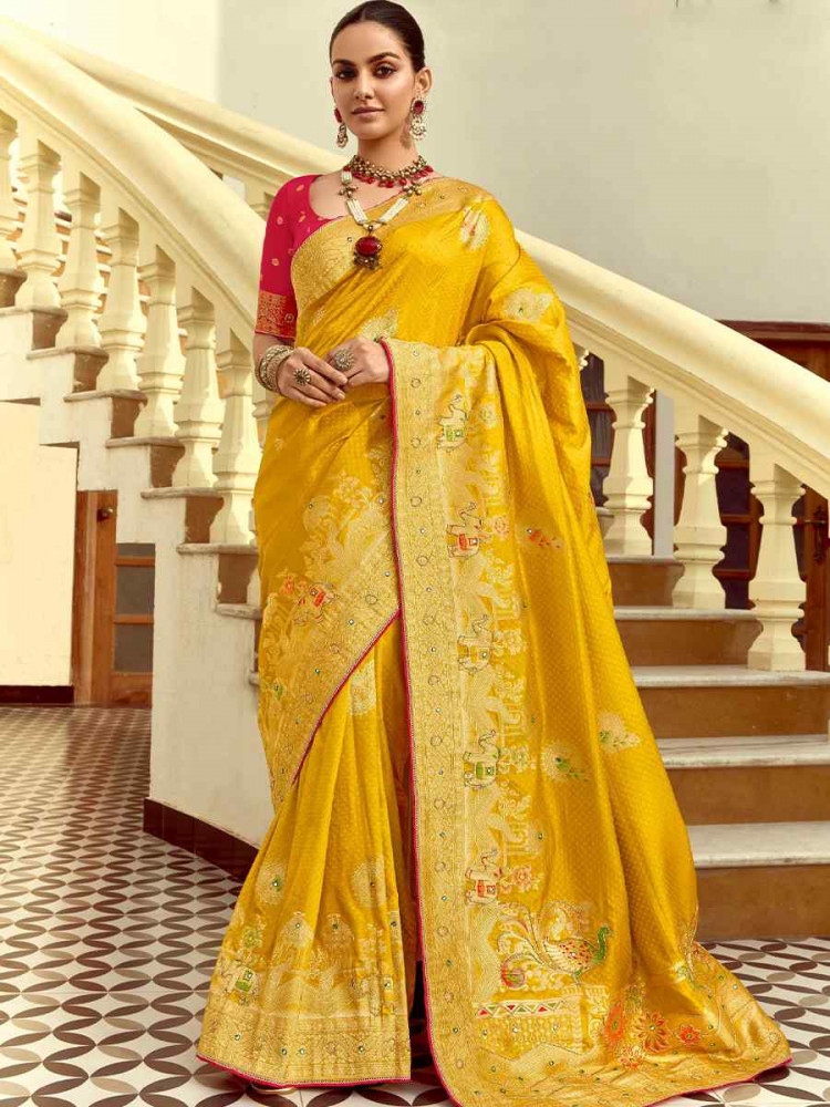 Yellow Dola Silk Handwoven With Handwork Festival Wedding Fancy Heavy Border Saree