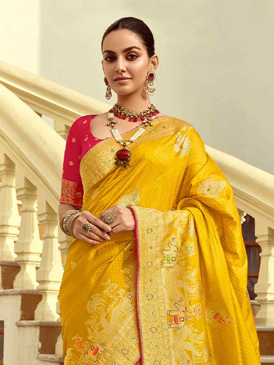 Yellow Dola Silk Handwoven With Handwork Festival Wedding Fancy Heavy Border Saree