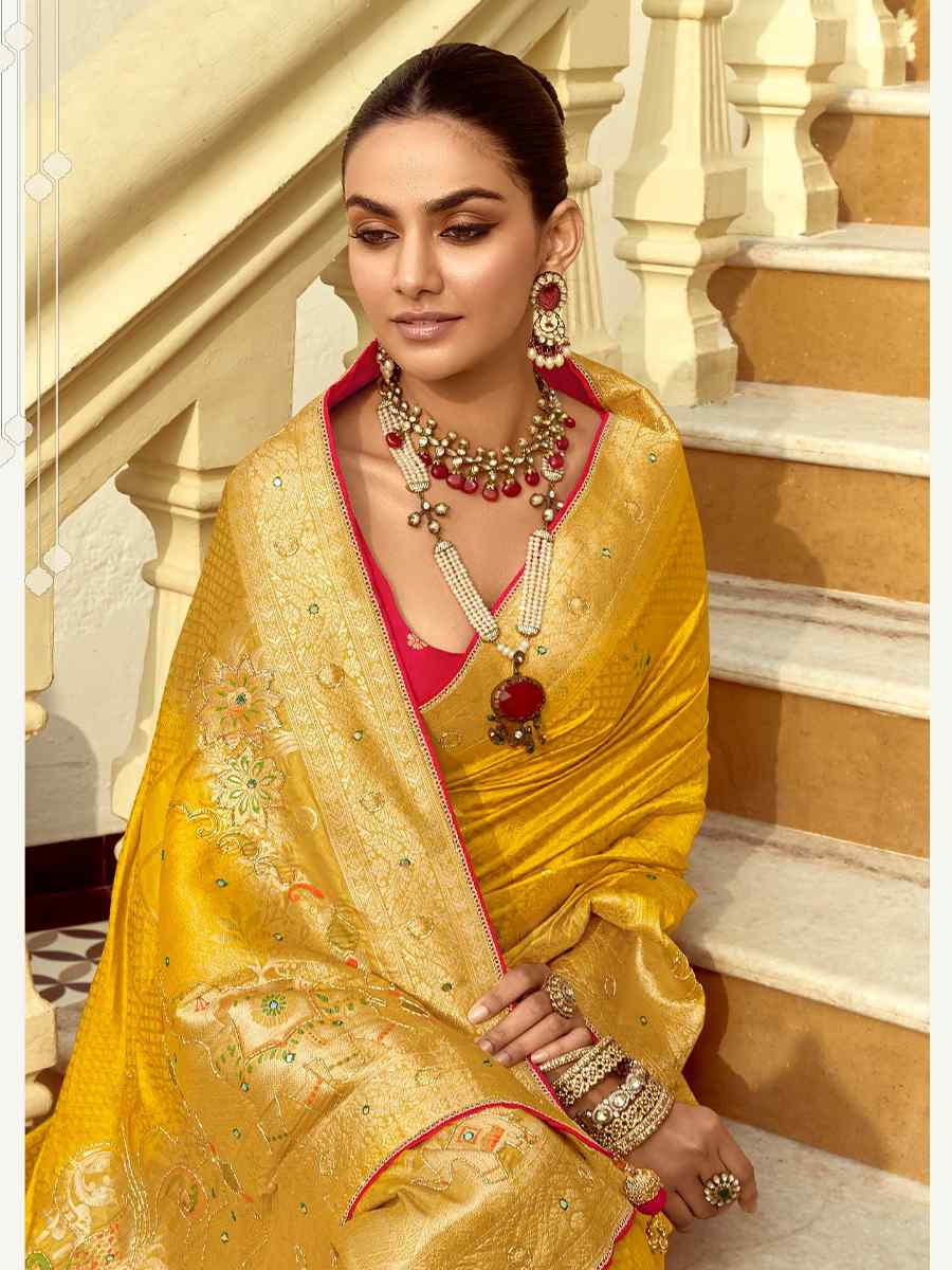 Yellow Dola Silk Handwoven With Handwork Festival Wedding Fancy Heavy Border Saree