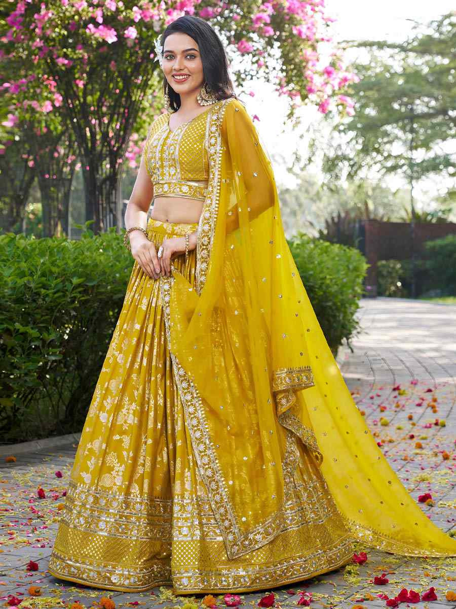 Yellow Dola Silk Jacquard Embroidered Reception Wedding Bridal Lehenga Choli