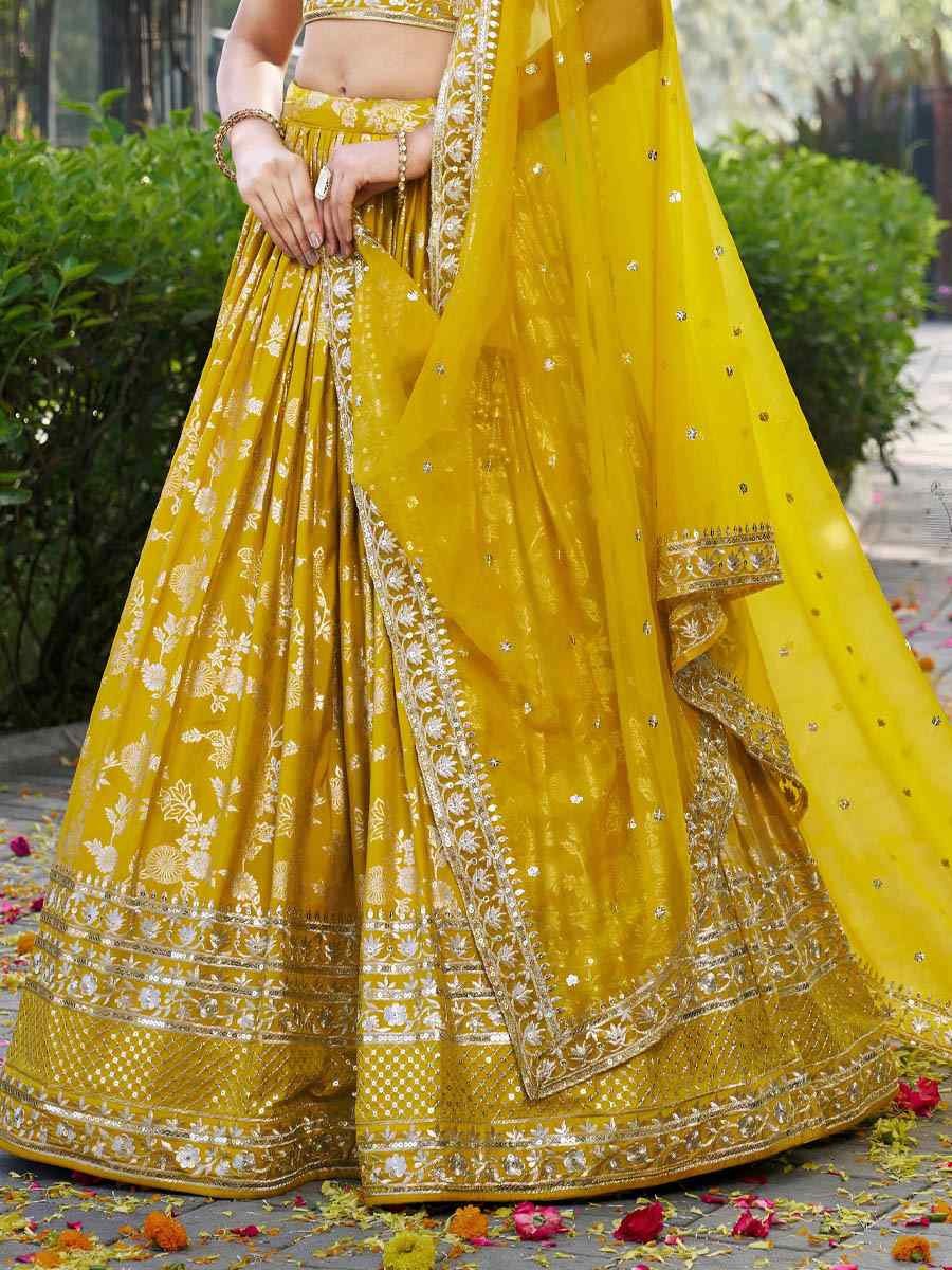 Yellow Dola Silk Jacquard Embroidered Reception Wedding Bridal Lehenga Choli