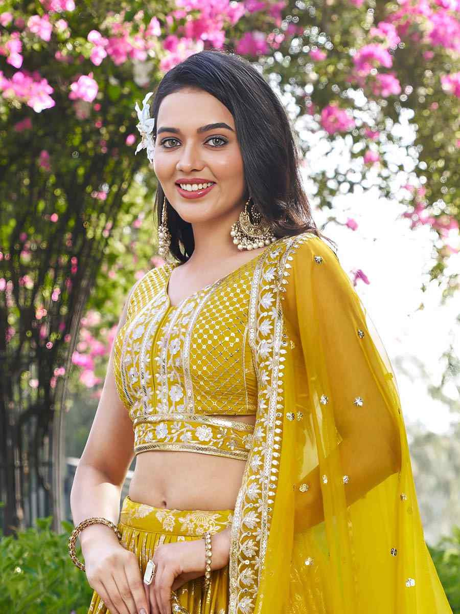 Yellow Dola Silk Jacquard Embroidered Reception Wedding Bridal Lehenga Choli