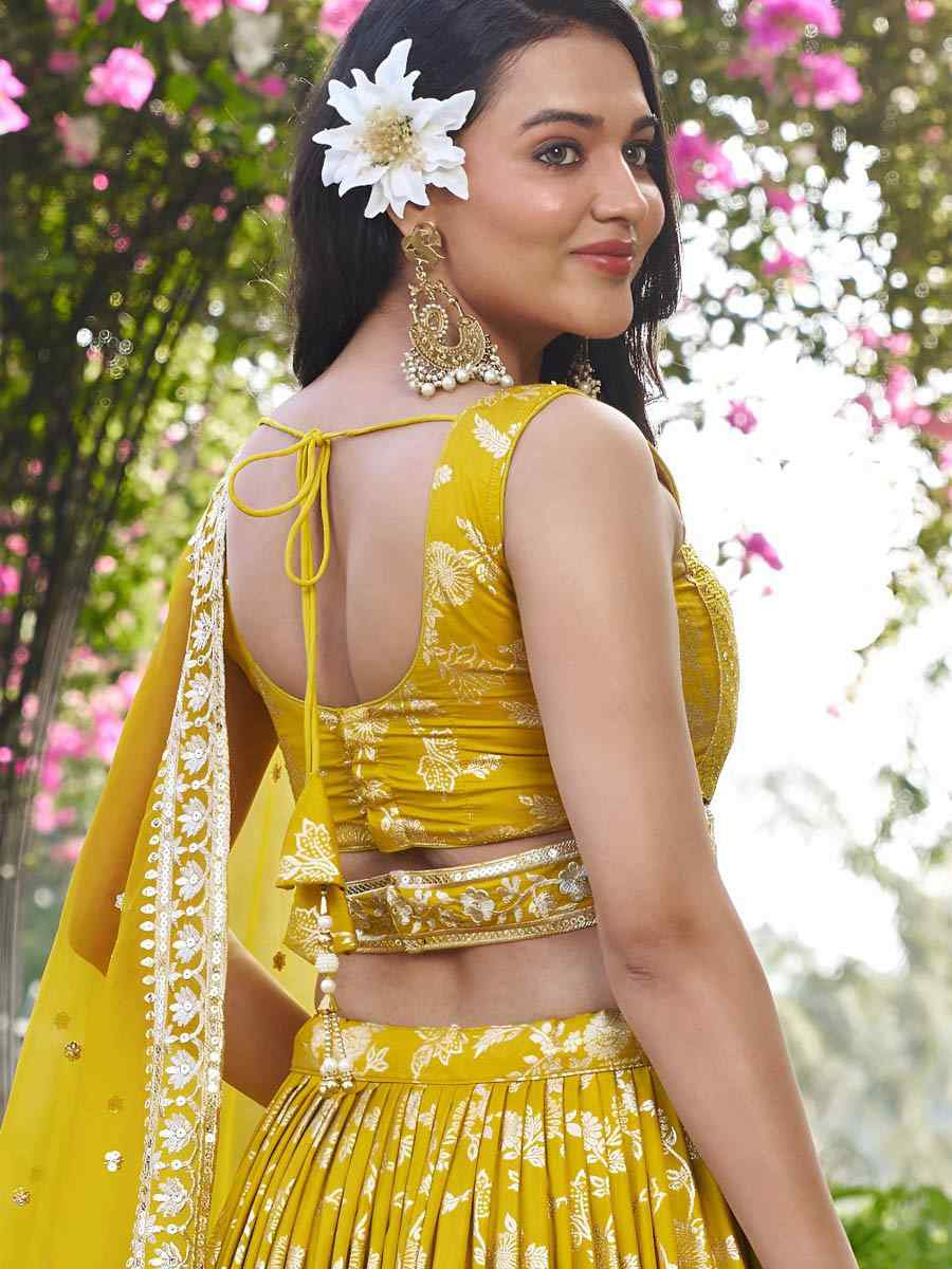 Yellow Dola Silk Jacquard Embroidered Reception Wedding Bridal Lehenga Choli