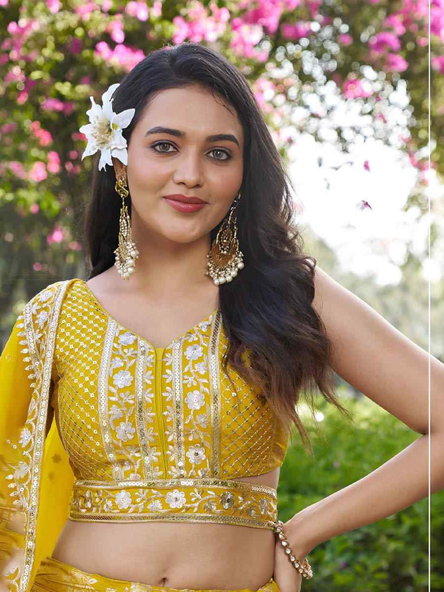 Yellow Dola Silk Jacquard Embroidered Reception Wedding Bridal Lehenga Choli