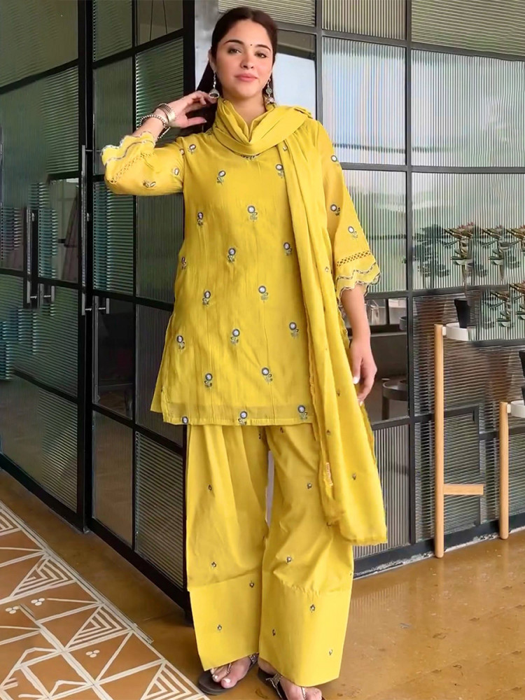 Image of Yellow Embroidery Wedding Party Festival Casual Ready Palazzo Pant Salwar Kameez