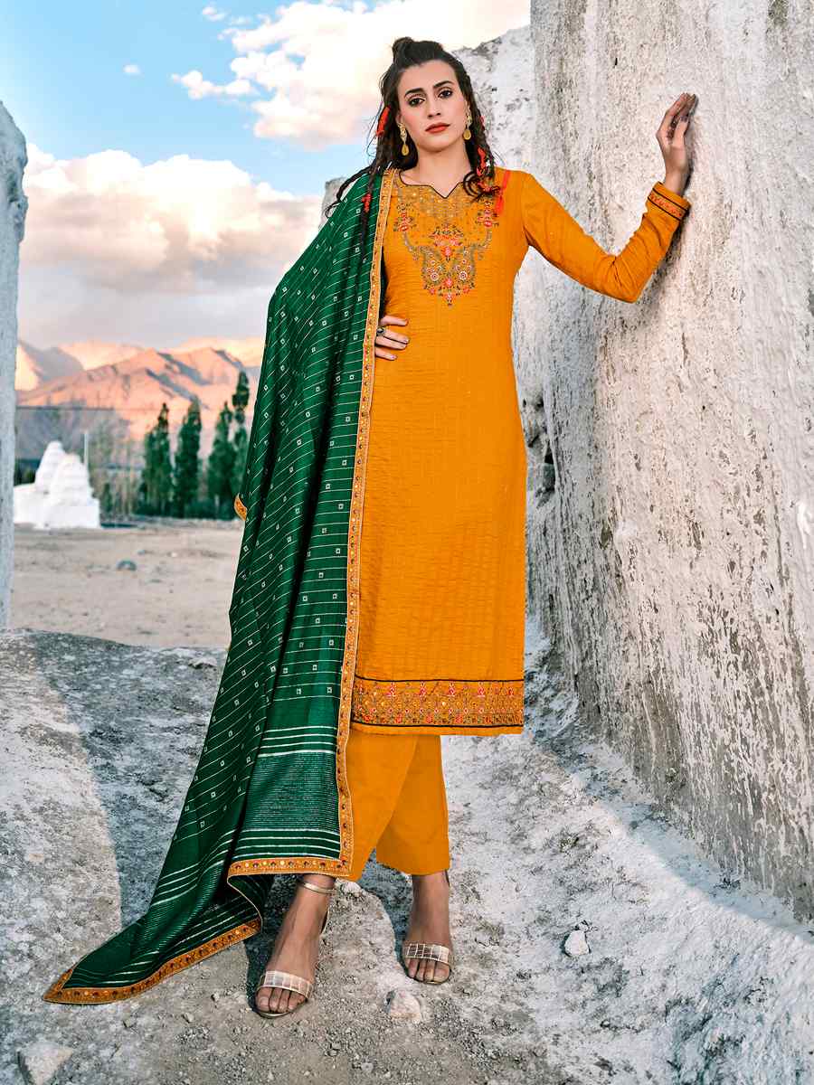 Yellow Fancy Chinon Embroidered Wedding Festival Pant Salwar Kameez