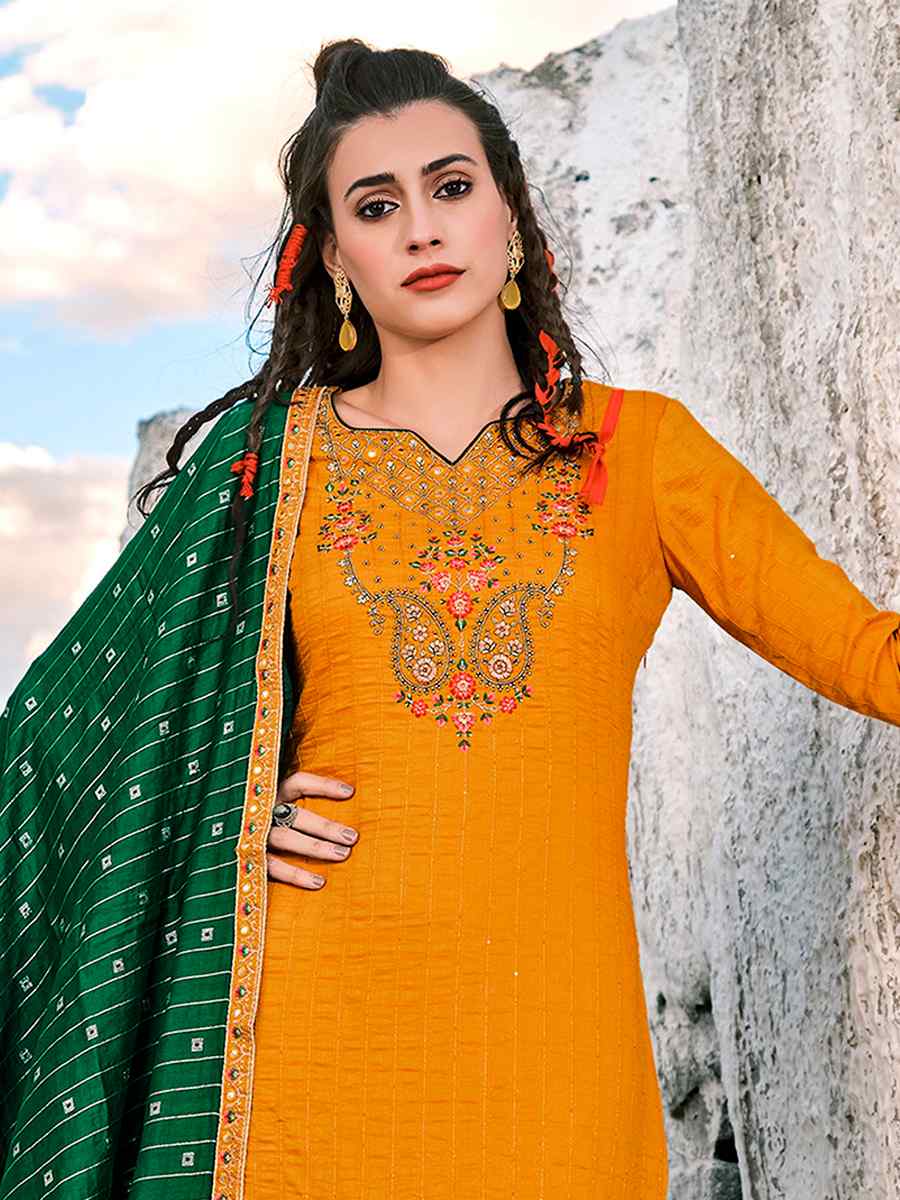 Yellow Fancy Chinon Embroidered Wedding Festival Pant Salwar Kameez