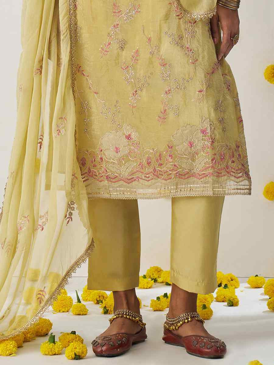 Yellow Fancy Crush Embroidered Mehendi Wedding Ready Pant Salwar Kameez