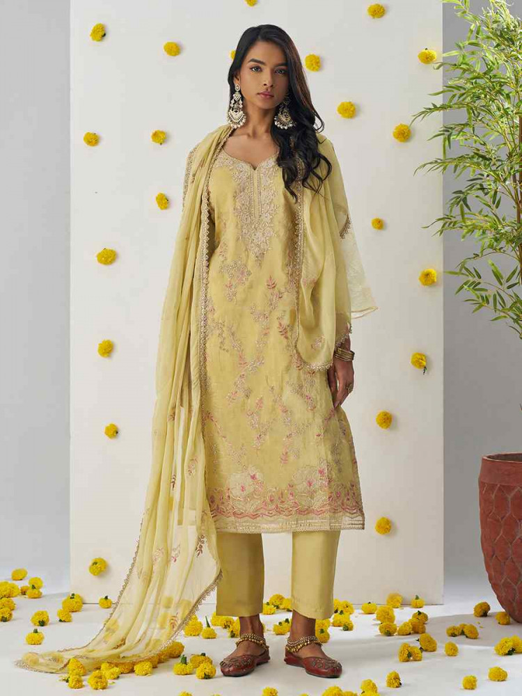 Yellow Fancy Crush Embroidered Party Casual Ready Pant Salwar Kameez