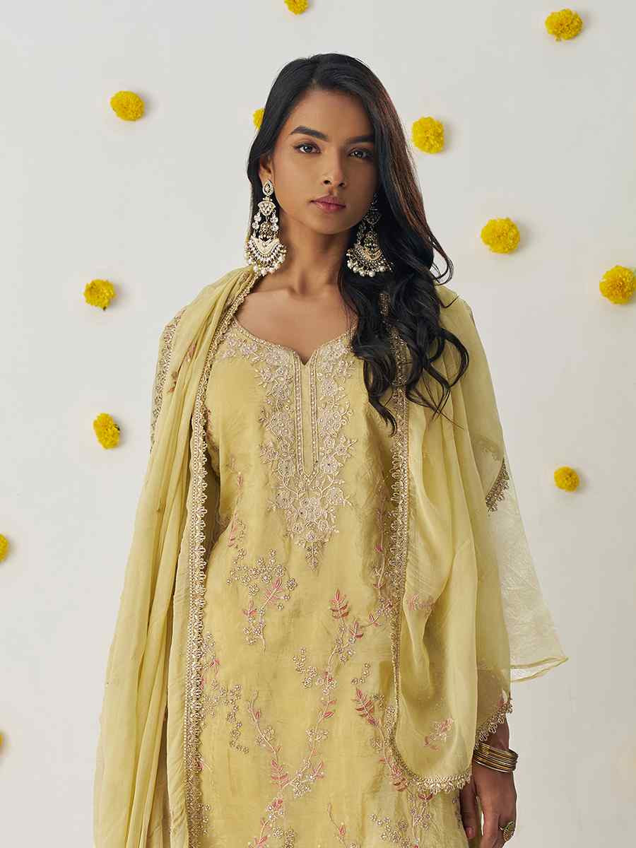 Yellow Fancy Crush Embroidered Party Casual Ready Pant Salwar Kameez