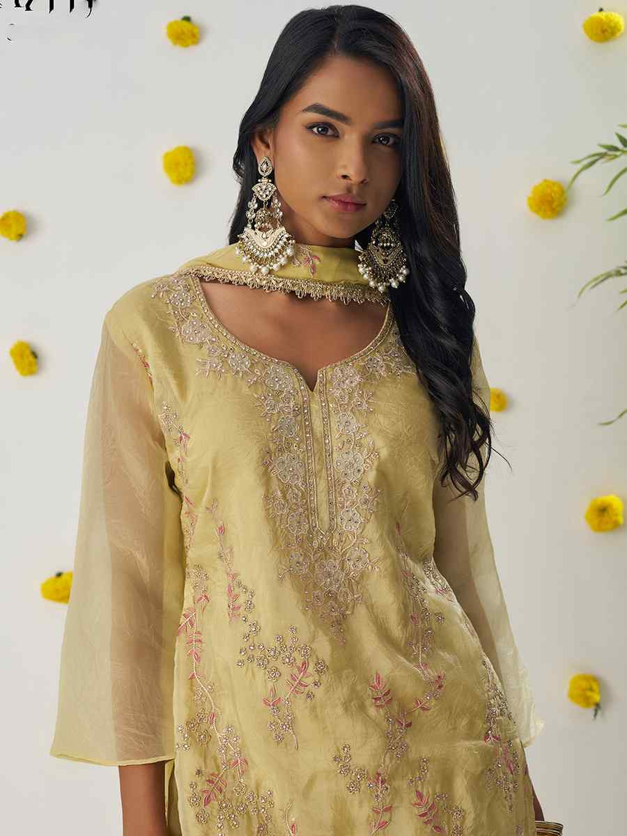 Yellow Fancy Crush Embroidered Party Casual Ready Pant Salwar Kameez