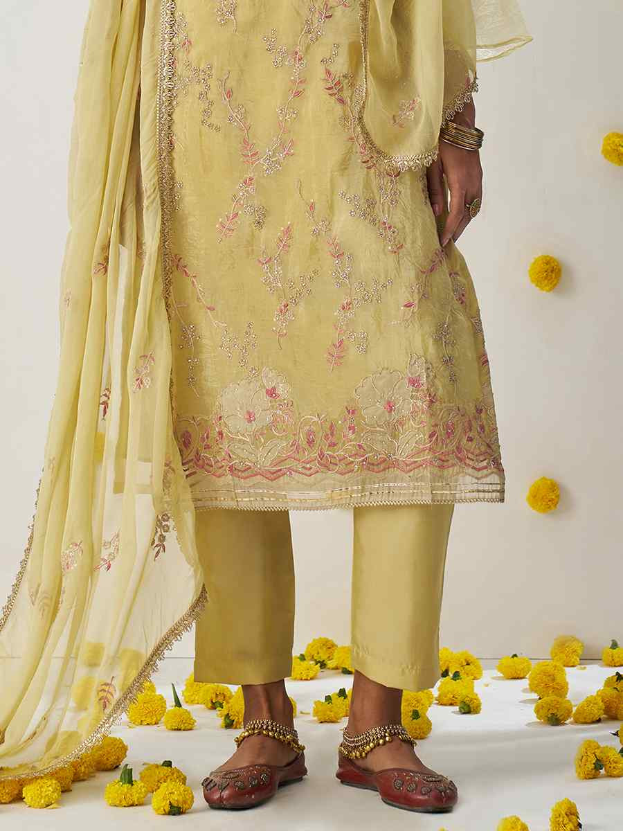 Yellow Fancy Crush Embroidered Party Casual Ready Pant Salwar Kameez