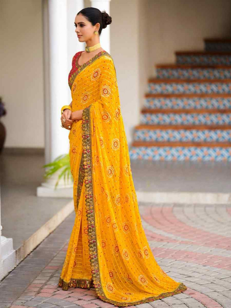 Yellow Fancy Georgette Embroidered Festival Wedding Fancy Heavy Border Saree