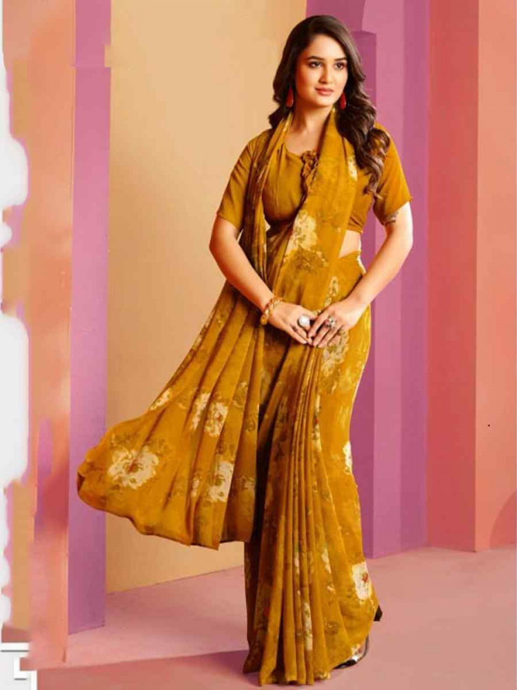 Yellow Fancy Georgette Printed Festival Wedding Fancy Heavy Border Saree