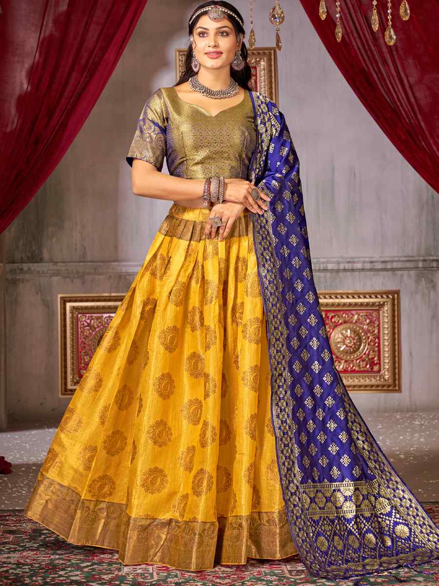 Yellow Fancy Jaquard Silk Zardosi Mehendi Festival Circular Lehenga Choli