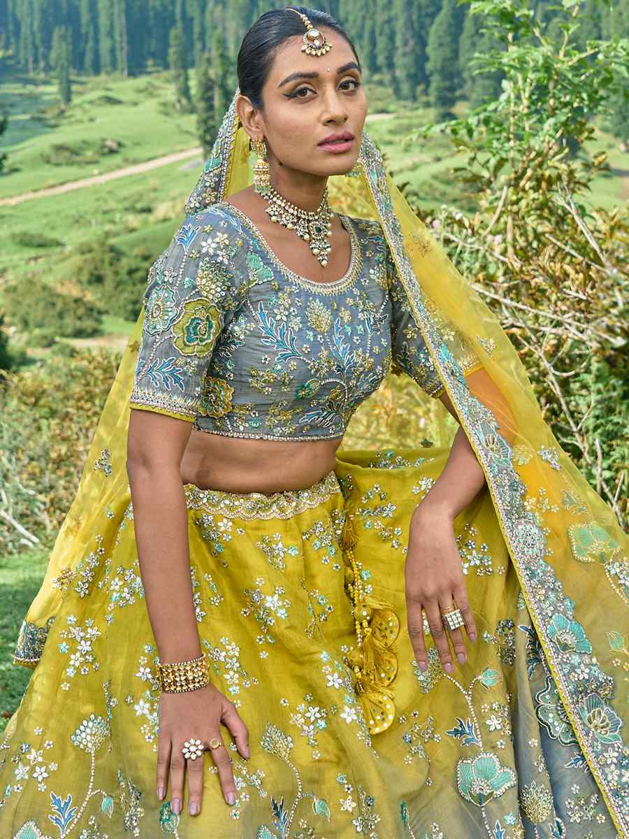 Yellow Fancy Silk Embroidered Bridal Reception Heavy Border Lehenga Choli