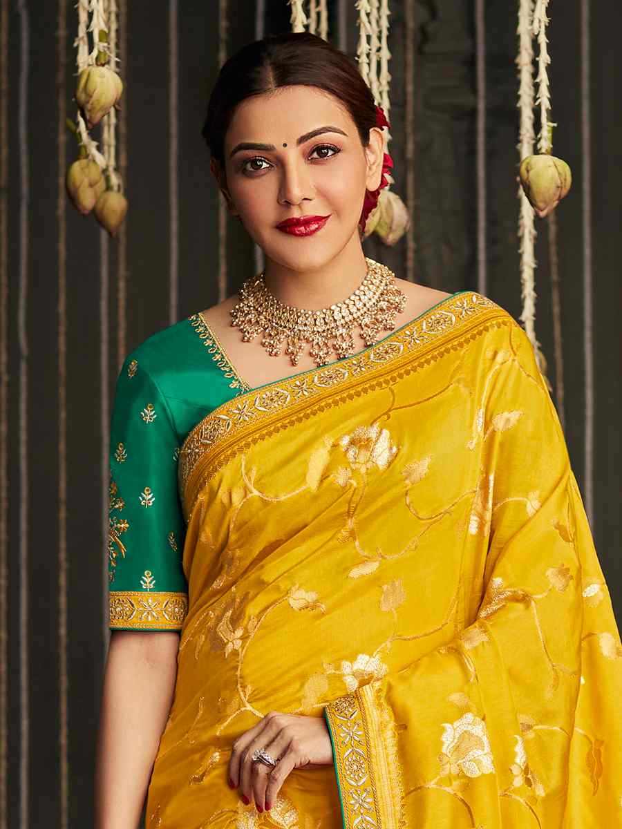 Yellow Fancy Silk Handwoven Wedding Party Classic Bollywood Style Saree