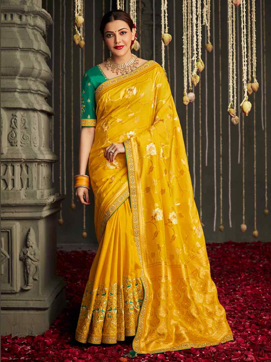 Yellow Fancy Silk Handwoven Wedding Party Classic Bollywood Style Saree